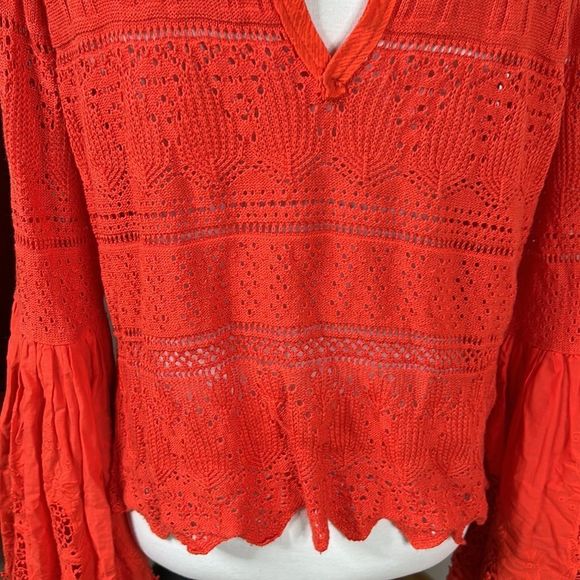 Free People Red Lace Bell Sleeve Top - Picture 11 of 15
